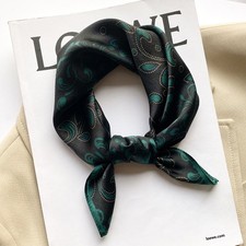 100 Silk Small Scarf Square 20'' Bandana Vintage Black Green Neckerchief Tied