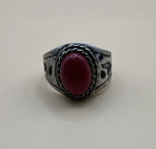 Vintage 925 Sterling Silver  Red Coral Ring / Size 13