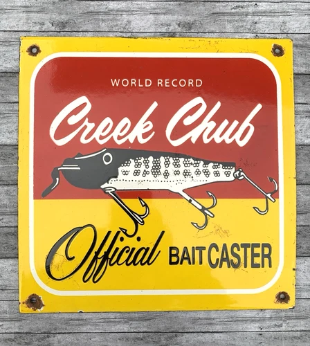 VINTAGE CREEK CHUBB Official BAIT CASTER OIL PUMP STATION PORCELAIN GAS SIGN