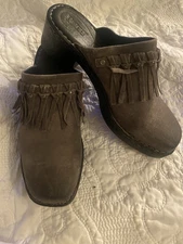 Born Clogs Suede Gray With Fringe Trim 
