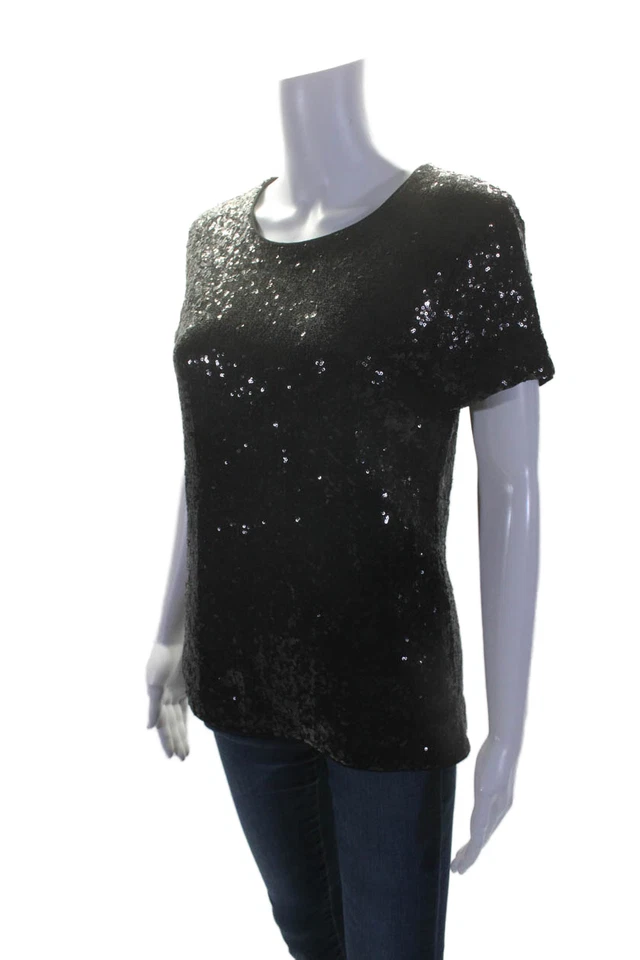Blusa Top Bailey 44 Mujer Negra Lentejuelas Cremallera Espalda Cuello Redondo Manga Corta Talla L Foto 2 de 4