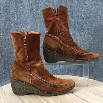 Wanders Boots Womens 39 Mid Calf Wedge Square Toe Brown Suede Side Zip  Comfort
