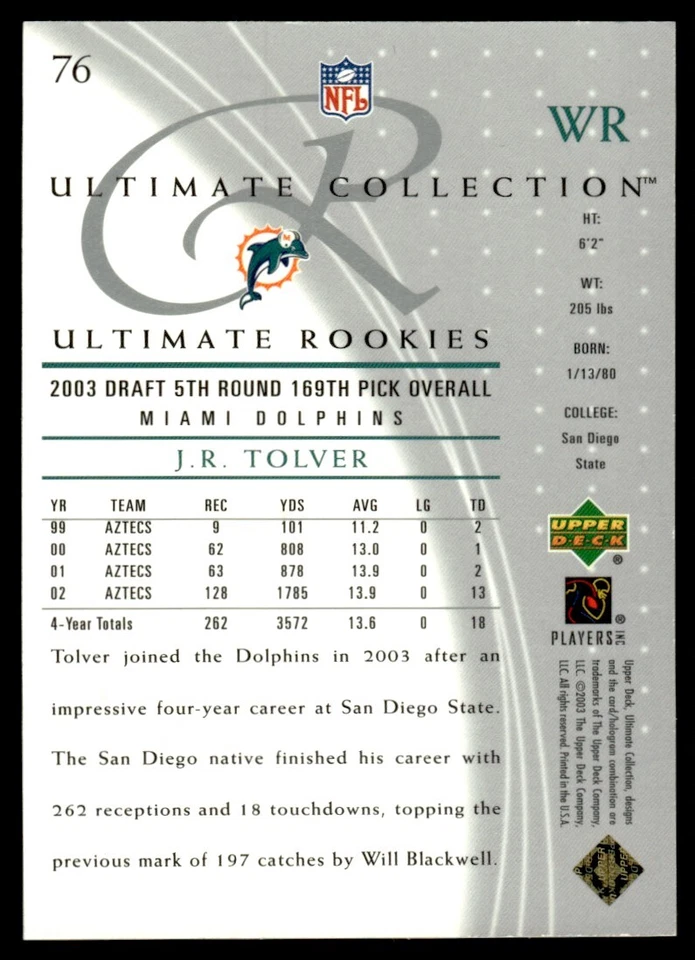 2003 Upper Deck Ultimate Collection J.R. Tolver Rookie 495/750 Miami Dolphins - Image 2 of 2