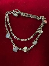 Double Chain Heart Charms Silver Tone Bracelet Open Length 7.2" Wear Of Color