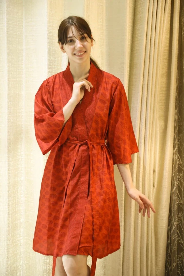 Bata kimono midi de seda pura hasta la rodilla vestido kimono de seda naranja PS MKMO2101 Foto 2 de 4