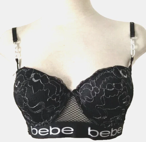 BEBE Lingerie Metallic Laced Floral Bras Logo Push Up Brassiere Chains Blk 38B - Image 2 of 4
