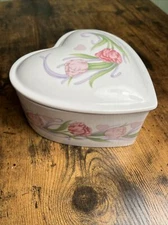 Heart-shaped Ceramic Lidded Dish Rose Floral Pattern FTD Taiwan Trinket Bowl