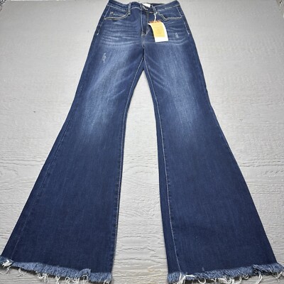 NEW Risen Jeans Womens 5/27 High Rise Flared Bootcut Frayed Blue Denim Stretch