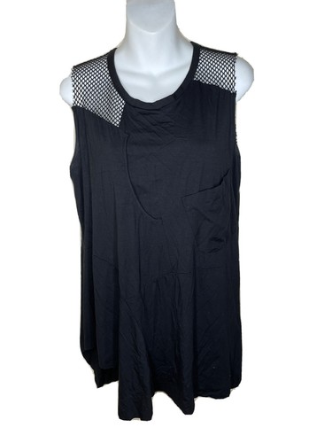 TESS GIBERSON Black sleeveless Tunic Top tee Mesh Shoulders pockets Sz M soft