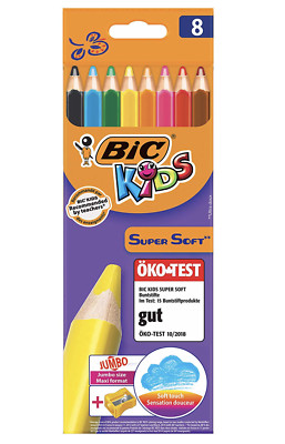 BIC Kids Supersoft Colouring Pencils - Pack of 8, Plus Sharpener NEW BNIB
