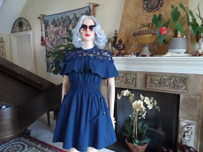Self-Portrait Navy Blue Smocked Waist Cotton Dress w/Lace/Ruffle