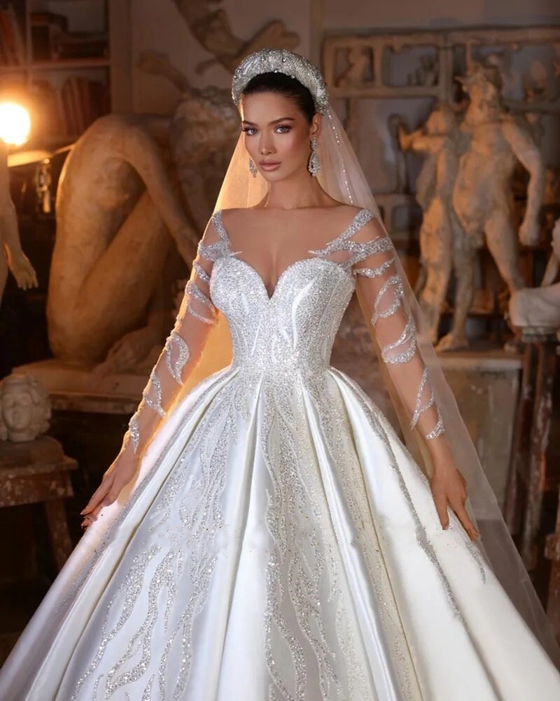 Luxury A-Line Wedding Dresses Sweetheart Neck Long Sleeves Applique Bridal  Gowns | eBay