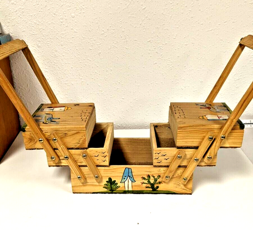 Vintage Handbemalter Holz Nähkorb Klappkasten Mexiko Mid Century Modern - Bild 1 von 15