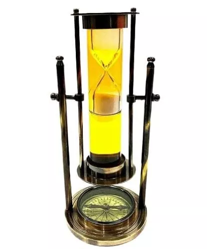 Nautical Brass 9" Yellow Liquid Sand Timer Ship Maritime Hourglass Compass Gift - Picture 1 of 12