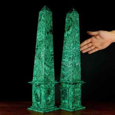 Unique Large Malachite Obelisks as a Pair Overlay Design Art / Handmade Marble