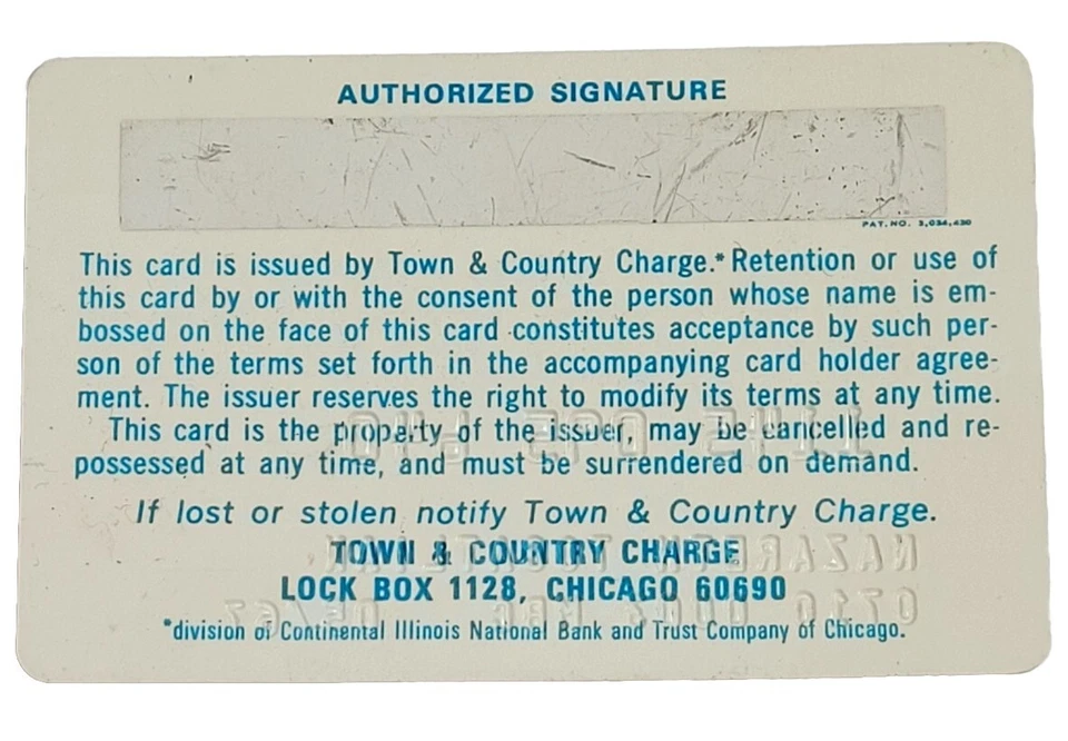 TARJETA DE CRÉDITO VINTAGE TOWN & COUNTRY FIRST NATIONAL BANK EVANSTON ~ CADUCADA 1967 ~ Foto 3 de 3