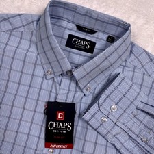 NEW Chaps Perfomance Button Shirt Men L SLIM Light Blue Plaid Stretch No Wrinkle