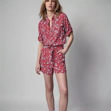 Zadig  Voltaire Cookis Flowers Field Romper Red Floral Button Tie Waist S