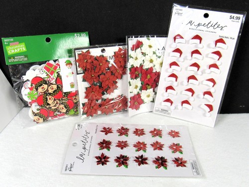 Red Poinsettias Fabric Flowers Craft Lot Approx. 1" Elf Stickers - Picture 2 of 14