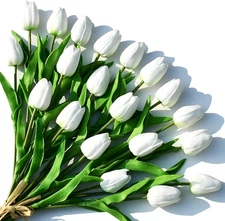 Artificial White Tulips 20 Pcs – 13.5 Inch PU Faux Flowers with Bendable Stems f