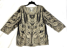 Ultra Pink Blouse Womens XL Black Gold Sheer Metallic Embroidered Top Lace Mesh