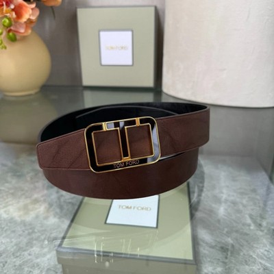 Tom Ford Men's Brown/Black Leather Belt Gold Logo Buckle 38mm Real Photos