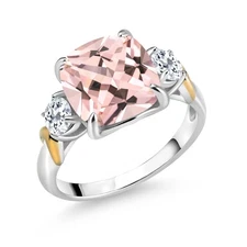 925 Silver and 10K Yellow Gold Peach Nano Morganite and White Topaz 3 Stone