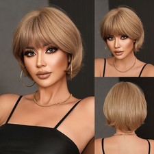 Ash Brown Short Layered Bob Wig with Bangs Soft Natural Full Head Synthetic Wig
