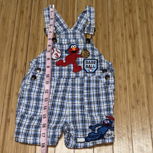 Vintage Sesame Street Short Overalls Elmo Grover Baseball Plaid 12 Months - Picture 6 of 8