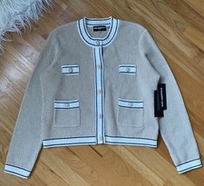 Karl Lagerfeld Paris Women Cream Knit Classic Crewneck Cardigan Jacket NWT Sz M