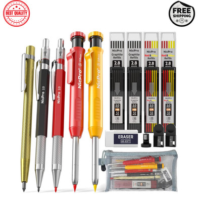 Nicpro 5 Pack Mechanical Carpenter Pencil Set with 76 Refills & Carbide Scribe T
