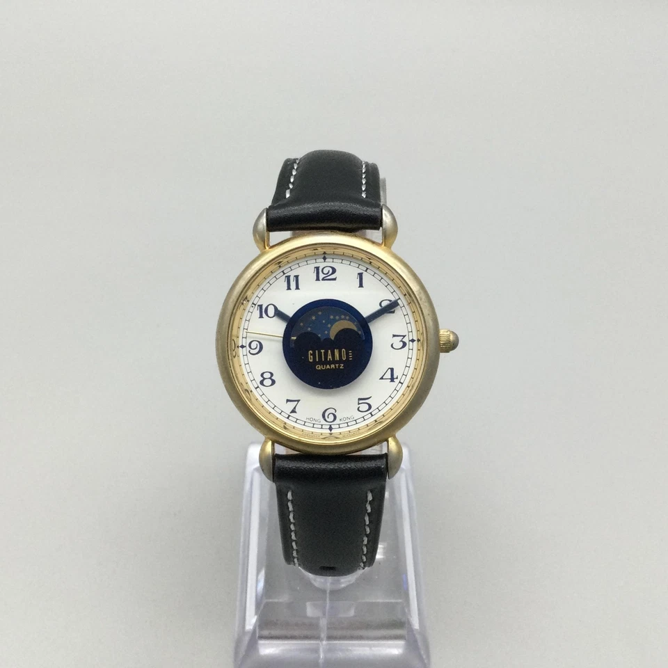 Reloj Gitano Vintage Fase Lunar Mujer 32mm Tono Dorado Correa Cuero Batería Nueva Foto 2 de 4