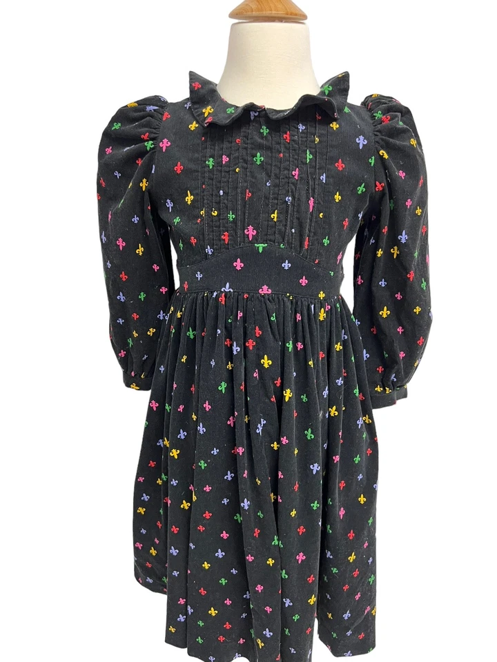 Vestido de pana vintage plumas de ratón negro multicolor estampado de lanza talla 6X Foto 4 de 4