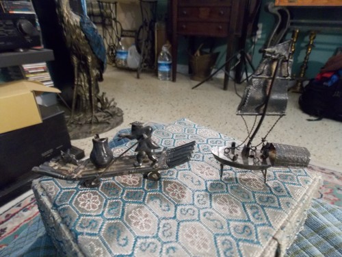 Antique CHINESE JUNK & Man On Boat Skiff SILVERPLATE 2 Sculpture Figurines VG - Picture 3 of 3