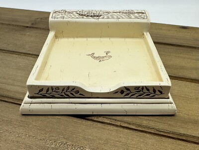 Faux Scrimshaw Whaling Ship Desk Note Holder Whale Anchor Compass Vintage