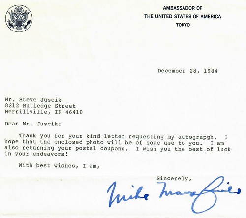 "Montana Senator" Mike Mansfield Signed TLS Dated 1984 COA - 第 1/2 張圖片