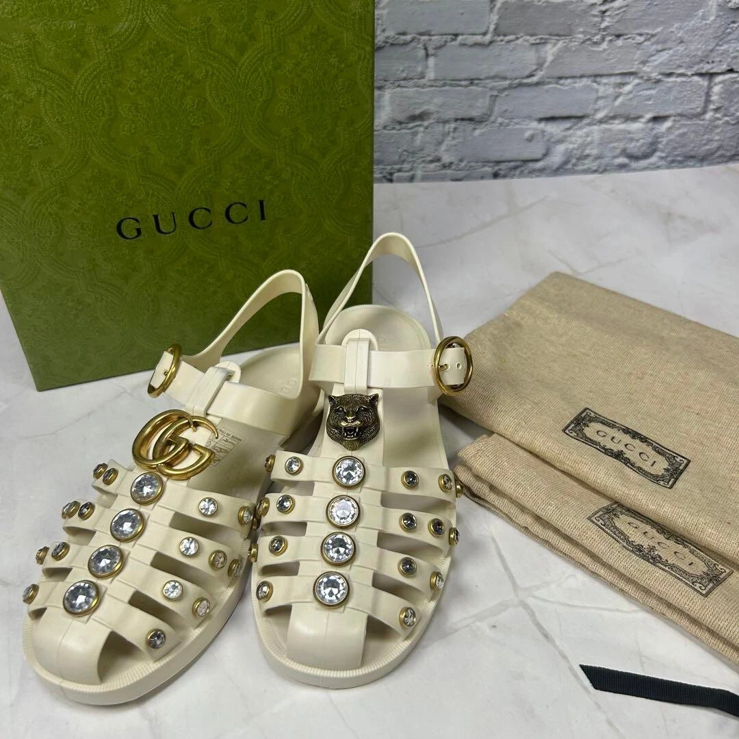 Sandales plates GUCCI GG Marmont strass gurkha mules chaussures femmes EU 34 ivoire
