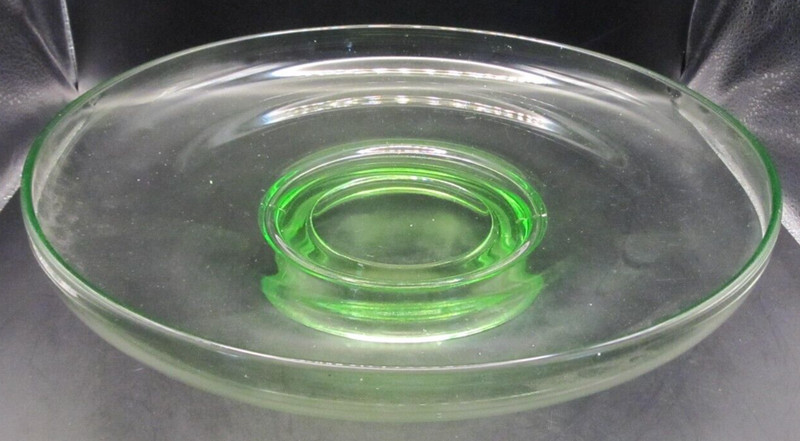 3 Footed Floral Plate and Large Bowl Antique UV Uranium Green Glow Glass