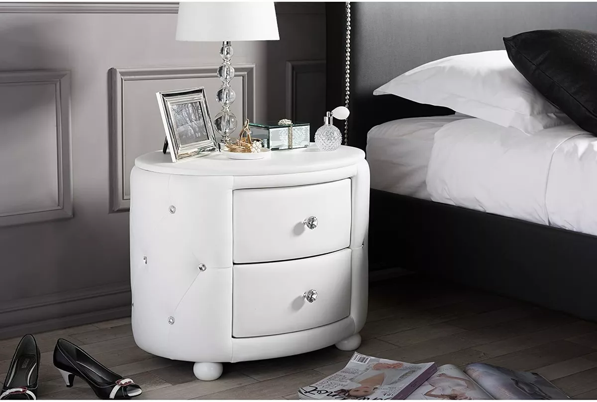 White Faux Leather Nightstand Bedside Table 2 Drawer Crystal End
