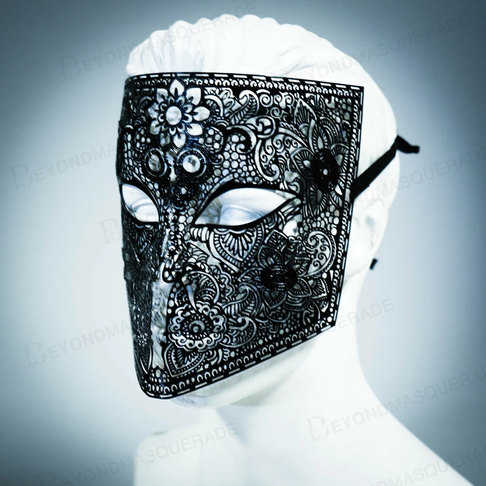 Máscara masculina de metal Bauta veneziana corte a laser filigrana máscara de metal [preta] - Imagem 3 de 3