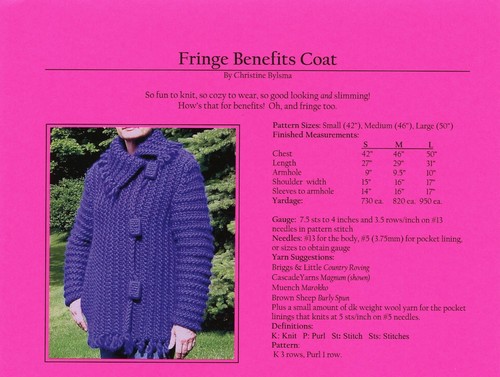 Fringe Benefits Coat - Chris Bylsma Designs KNITTING PATTERN - 42"-50" Easy Knit - Picture 2 of 3
