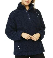NWT Jenni Faux Sherpa Cozy Pullover Placed Stars Navy Medium
