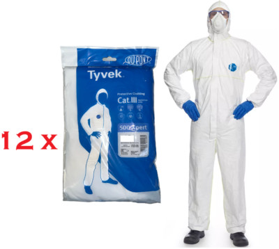 12 x DuPont Tyvek 500 Xpert Schutz-Einwegoverall mit Kapuze Größe LARGE