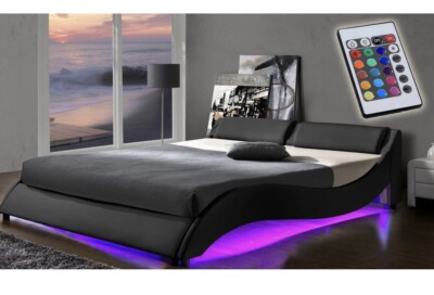 Cherry Tree Furniture CORVUS Black PU Leather Bed Frame with Underbed LED 