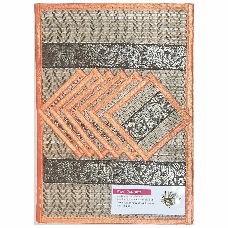 Mats DiningTable Coasters Placemats Kitchen Thai Silk Reed Elephant Round Set 6 - Image 3 of 4