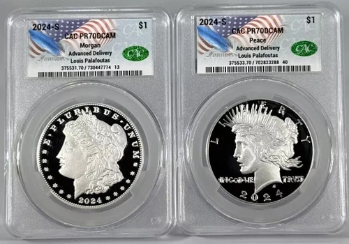 2024-S Morgan Peace Silver Dollar 2pc Set AD CAC PR70 Louis Palafoutas Signed