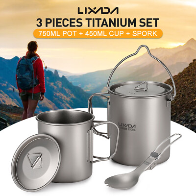 Lixada Titanium 3 Pieces Kit 750ml Pot and 450ml Water Cup Mug Folding Spork