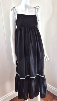 Black Dress Summer Shirred Shoulder Straps Long Frill Size 8 Cotton On Stretch