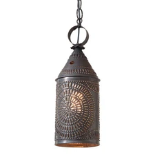 15-Inch Electrified Hanging Lantern in Kettle Black Punched Tin Chisel
