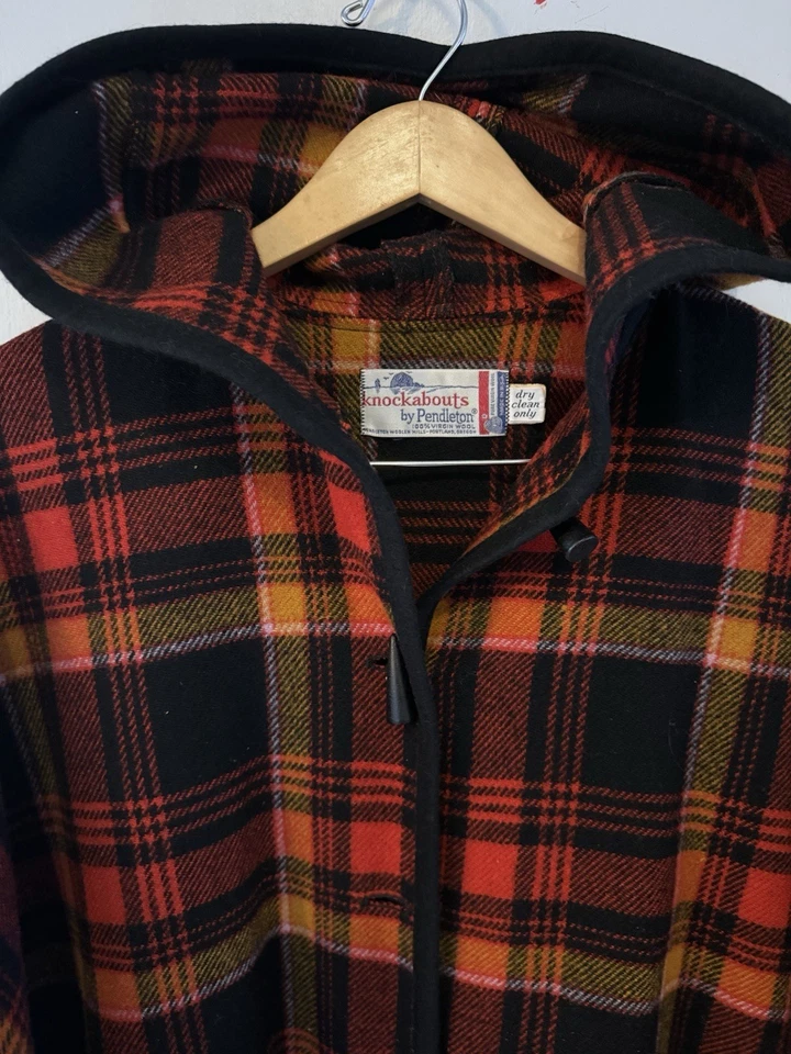 Pendleton 复古羊毛 Cape Poncho Knockabouts Pendleton 格子红色橙色 Blk — 第 3/4 张图片